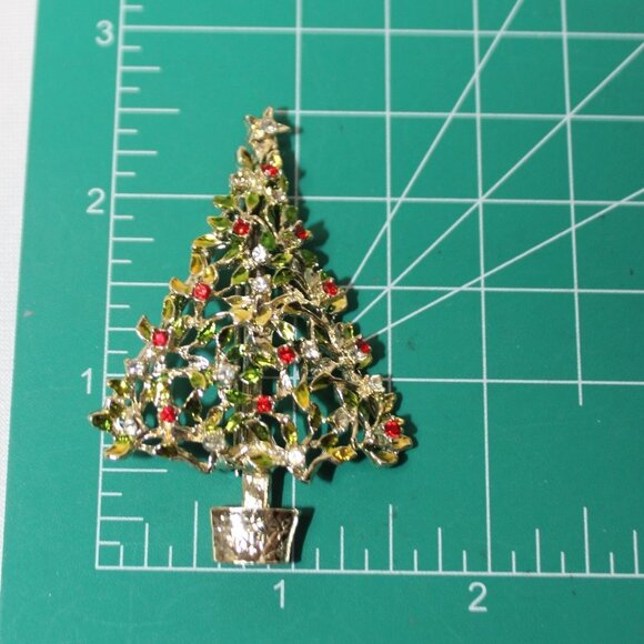 Vintage Gold Tone Christmas Tree with Red and Clear Rhinestones - Picture 6 of 10